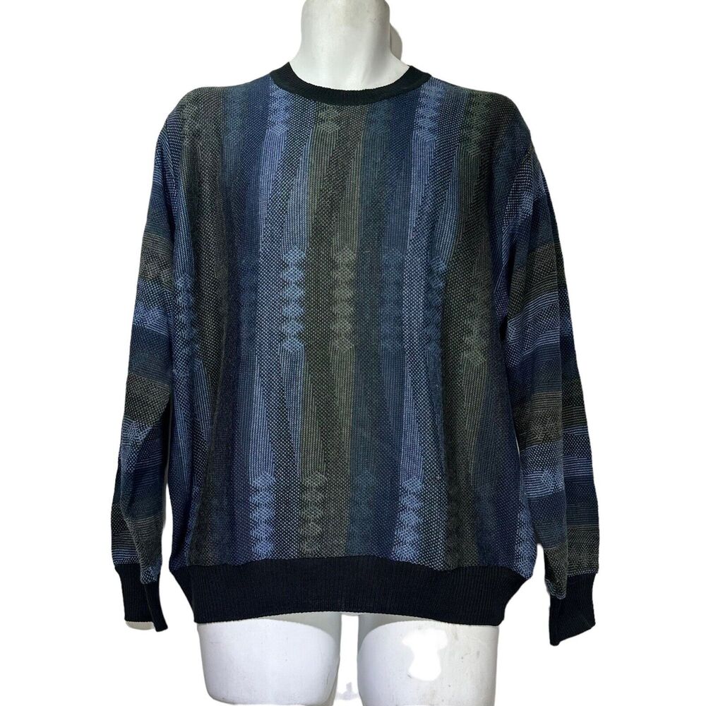 segreto blue gray stripe wool Crew Neck Long Sleeve sweater mens size M
